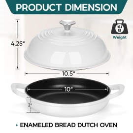 E-far Dutch Oven for Sourdough Bread Baking, 6 Qt Round Enameled Cast Iron Dutch Oven for Homemade Artisan Bread, Dome Lid & Shallow Base, Matte Black Interior & Durable, Oven-Safe to 500℉, White