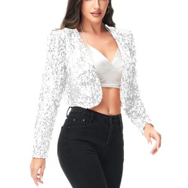 Anna-Kaci Womens Shiny Sequin Long Sleeve Glitter Cropped Blazer Bolero Shrug, White, Small