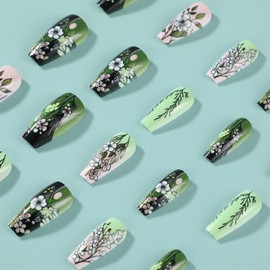Pink White Flower Press on Nails Spring Medium Coffin Fake Nails Designs Glossy Green Floral False Nails Full Cover Acrylic Nails Stick on Nails for Women Nail Art Decorations 24 Pcs