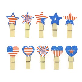 FRECI 50pcs American Flag Pattern Mini Photo Clips Wooden Clothespins Crafts Photo Clips with Hemp Rope Patriotic Photo Clip Pins