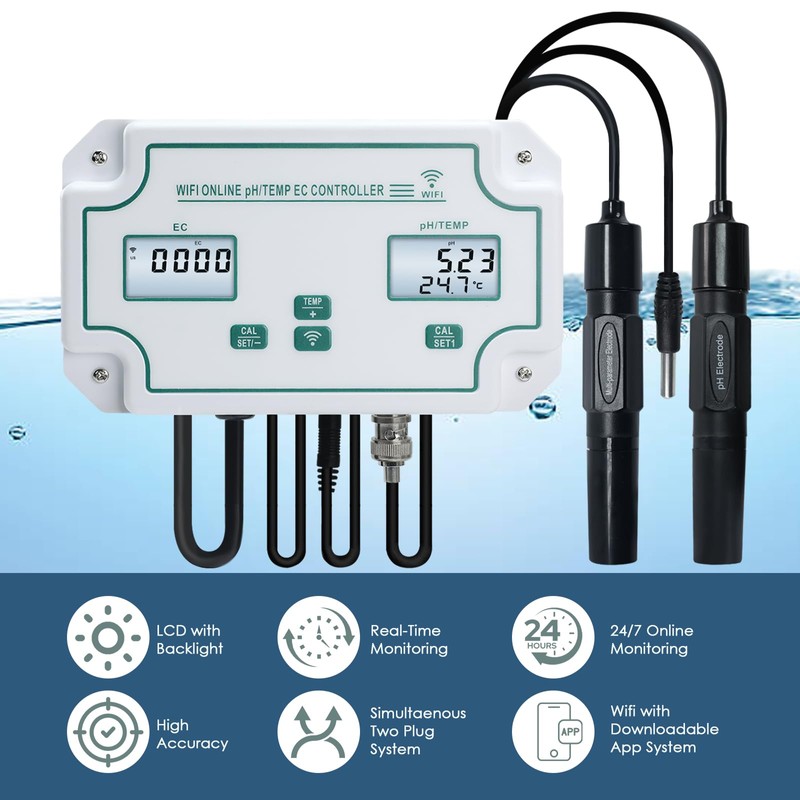 WiFi pH/EC/Temperature Monitor for Hydroponics, Dual Plugs System pH EC