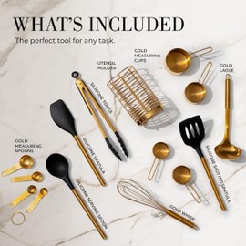 Styled Settings Black and Gold Kitchen Utensils Set - 15-Piece Nonstick BPA-Free Silicone Cooking Tools with Measuring Cups and Spoons - Luxury Kitchen Accessories for Stylish Cooking and Baking
