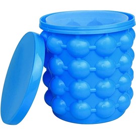 Large 2 in 1 Silicone Ice Bucket & Ice Mold with lid,Silicon Ice Cube Maker Genie, Portable Silicon Ice Cube Maker (Blue)