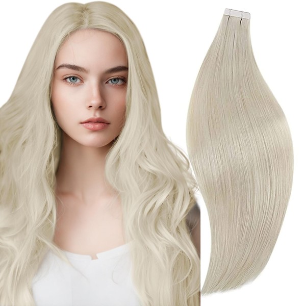 RUNATURE 20 Inches Tape in Hair Extensions Human Hair Tape in Extensions White Blonde #800 Human Hair Tape in Extensions Seamless PU Tape in Extensions Blonde Human Hair Double Sided 50g 20pcs