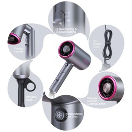 Pretfy Föhn Ionen Haartrockner,2000W Profi Fön Klappbar Haarföhn,Reise Föhn mit 3 Hitze-Einstellungen,Kaltlufttaste,mit Diffusor,Bürste, Spitze (Grau)