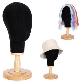 Black Canvas Wig Mannequin Head with Wooden Stand Linen Hat Display Model Head for Caps Mannequin Head Stand with Detachable Wood Base