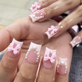 French Tip White Press on Nails Short Square Fake Nails Pink Sparkly RIICFDD False Nails Bow & Pearl Nail Charms Artificial Glossy Full Cover Stick on Nails for Women and Girls Nail Decor 24 Pcs