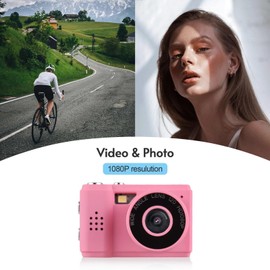 Mini Digital Camera with LCD Screen LED Flash 1080P Full HD 128GB SD Card Monoreflexes Shaped CMOS Small Compact Portable Video Recorder (Pink)