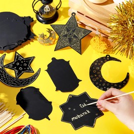 Janlaugh 60 Pieces Ramadan Scratch Paper Eid Mubarak Scratch Paper for Kids DIY Star Moon Lantern Ornaments with Stick and Ribbon for Muslim Islam Festive Decorations(Black Gold)