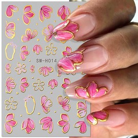 Gold Linie Schieber Rosa Nagelsticker Blumen 3D Flower Nail Sticker Sakura Blütenblätter Blumen Nagelaufkleber Frühling Sommer Floral Nagel Sticker Flowers Nagel Stickers Nageldesign Zubehör Nail Art