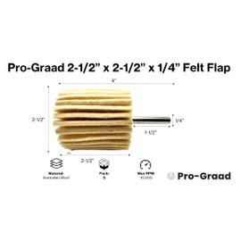 Pro-Graad 5 Pack 2-1/2" X 2-1/2" Felt Flap Wheel with 1/4" Shank Mounted, Perfect for Surface Finishing, Polishing, Buffing Plastics, Stone, Glass, Steel, Stainless, Aluminum and More, Pack of 5