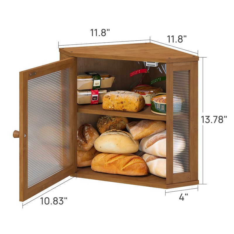 viewcare Corner Bread Box for Kitchen Counter, Bamboo Wood Large