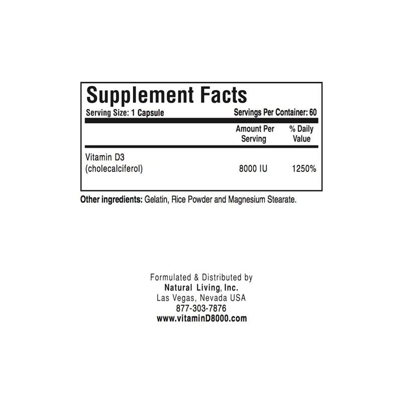 Natural Living High Potency Vitamin D3 8000 IU 60 Capsules