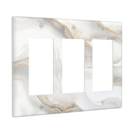 TEIKKIOP White Gold Gray Marble 3 Gang Triple Rocker Light Switch Cover Decorative Wall Plate Covers Electrical Outlets Faceplate for Kitchen Bathroom Living Room Home