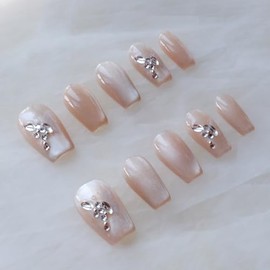 [GLORS] Purly Handmade Medium Ballerina Press on Nails | SCSbutterfly - Artistic Fake False Nail Tips with Butterfly and Cat-eye | Salon Quality Nail Art in Medium Ballerina, 10 pieces (XS, MB)