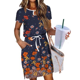 HOTOUCH Women's Casual Plain Simple Short Sleeve Shift Loose Dress Flower Beach Sundress Vacation Dresses for Women Print M