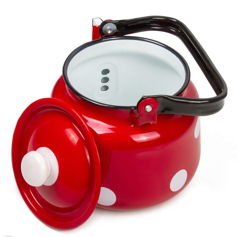 Enameled Tea Kettle Red White Polka-dot Enamelware Kettle 3.7-qt. (3.5