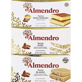 El Almendro Turron 3 Variety Pack- Toasted Egg Yolk Turron (Yema Tostada) 7.5 oz, Alicante Crunchy Turron 5.23 oz, Creamy Almond Turron Soft 5.23oz,from Spain