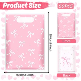 50 Pcs Pink Bow Plastic Small Gift Bags, Party Bags Goodie Bag with Handle for Kids Birthday Gifts, Kids Party Bags for Birthday Christmas Bachelorette Bridal Shower Wedding Party