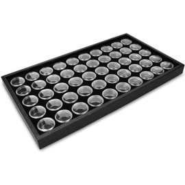 50 Black Foam Lided Gem Jars with Stackable Tray for Gemstones, Jewelry, Beads, Watch Parts, Jewelry Findings Storage Organizer. Free Jewelry Polishing Cloth. Size-14.5" x 7.8" x 0.75"