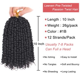 Leeven 8 Packs 10 Inch Passion Twist Hair for Women Natural Black Bomb Pre Twisted Water Wave Crochet Braids Hair Pre Looped Curly Bohemian Synthetic Braiding Hair Extensions 12 Strands/Pack #1B