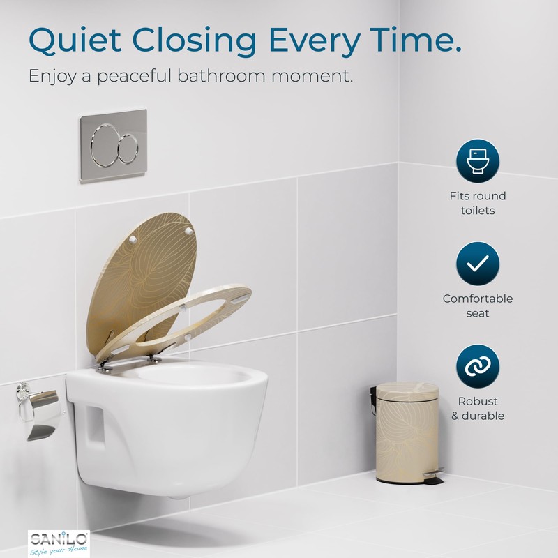 SANILO Wooden Toilet Seat with Soft Close [ROUND] - Decorative,