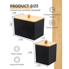 2 Stück Wattepadspender mit Bambusdeckel, Acryl Wattepads Aufbewahrung, Multifunktional Wattestäbchen Behälter Schwarz, Badezimmer Organizer für Wattestäbchen Wattepads Cotton Pads Wattebällchen