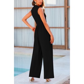 PRETTYGARDEN Womens Summer Jumpsuits Dressy Casual One Piece Outfits Sleeveless Mock Neck Wide Leg Pants Rompers with Pockets (Black,Large)