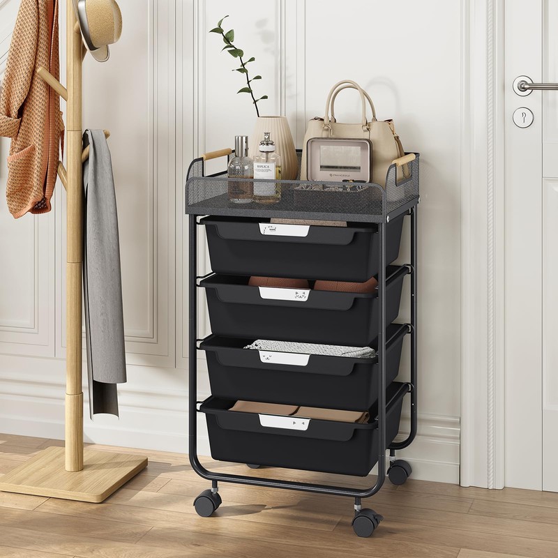 SYKIARIOL 4-Drawer Rolling Storage Cart with Mesh Top,Black