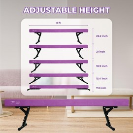 Kangaroo Hoppers Adjustable Balance Beam for Kids Ages 6-12, Foldable Gymnastics Beam, High and Low Floor Beam, Beginners and Professionals Home Training Equipment with Anti-Slip Foot, 8FT, Purple