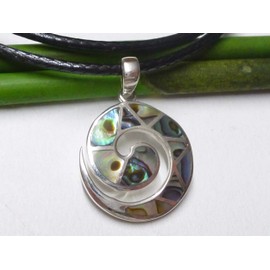 Women's Silver Pendant with Spiral Design Abalone Shell with Snake Textile Cord, Sterling Silver