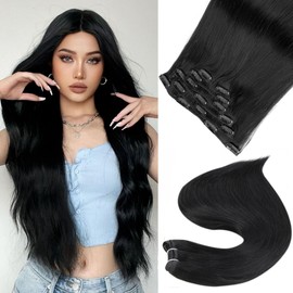 Roserer Clip in Hair Extensions Real Human Hair Remy Straight Clip in Human Hair Extensions Invisible Seamless Integration for Daily Use & Special Occasions (16 Inch Natural Black,7pcs/70g)