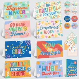Decorably 24 Pack Gold-Foiled 6x4in Employee Appreciation Cards with Envelopes & Stickers, 8 Festive Designs Staff Appreciation Cards, with Printed Message Inside - Recognition