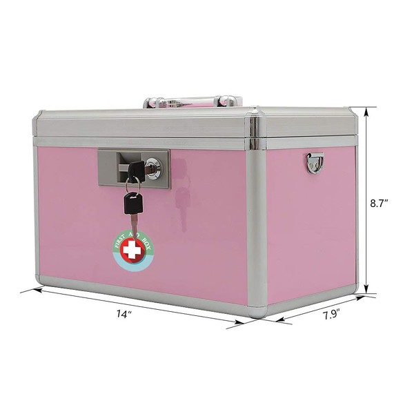 xydstay Medicine Lock Box, First Aid Safe Medication Storage Box,Layered Aluminum Daily Medicine Cabinet,Large Capacity Locking Medicine Storage Box for Family Use,14" x 7.9" x 8.7", Pink