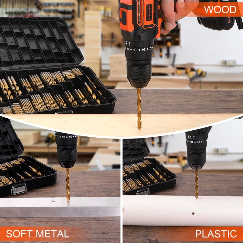 COMOWARE 230 Pcs Titanium Coated Drill Bit Set for Wood,
