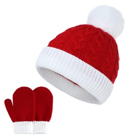 Zando Kids Christmas Santa Hat Knit Warm Pom Pom Kids Beanie Hat Soft Kids Winter Hat and Gloves Set for Boys and Girls Hats and Gloves for Kids Mittens kids beanie and glove set Red&White