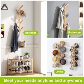 BMOSU Wall Mounted Coat Rack Coat Tree Hat Tree on The Wall with 8 Hooks Coat Rack for Hats Jackets Bags Scarves for Entrance Living Room(Black)(Natural)