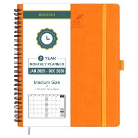 BEZEND 2 Year Monthly Planner 2025-2026 Medium Size 7" x 9" (Jan 2025 - Dec 2026) Spiral Calendar Book with Tabs, 120 GSM Thick Paper, Storage Pockets & Notes, PU Leather Softcover in Orange