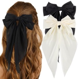 Large Silky Satin Oversized Hair Bows and Ribbons 2Pcs Long Tail White and Black Bowknot Barrettes Metal Clips, Aesthetic Hair Accessories for Women Girls (D)