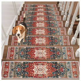 Edging Stair Treads Non-Slip Carpet Mat, 30in X 8in Indoor Stair Runners for Wooden Steps, Rubber Backing Stair Rugs for Kids Elders and Pets(Red,15PCS)