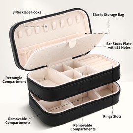 DesignSter Jewellery Box Organiser, Small Portable Travel Jewellery Case with 2 Zippers for Rings Earrings Necklace, Double Layers PU Leather Jewellery Storage Box, Black