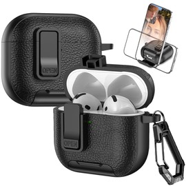 Fofvccv for AirPods 4th Generation Lock Clip Leather Case with Carabiner, Support Wireless Charge with Stand Rugged Protection Cover for AirPods 4, PWJ Black