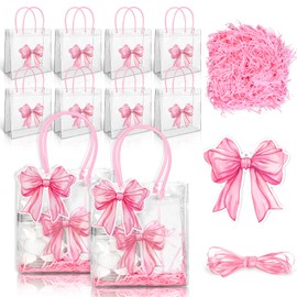 FYSUIMU 12 Set Pink Bow Clear PVC Gift Bags with Handles Coquette Bowknot Goodie Treat Bags with Raffia Ribbon Hanging Tag for Wedding Birthday Baby Shower Bachelorette