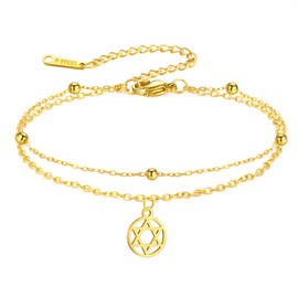 Amaxer Dainty Star of David Hebrew Chai Symbol Beads Double Chain Anklet Hanukkah Stomach Judaic Jewish Charm Adjustable Bracelet, Stainless Steel