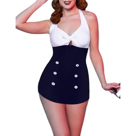 Ekouaer - Traje de baño de una pieza para mujer, estilo clásico, con falda a rayas, estilo retro, con push-up, Blanco, XX-Large