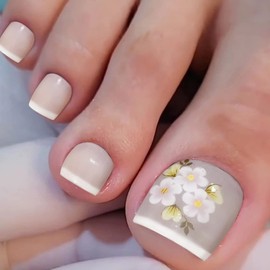 24Pcs Toe Nail Press ons French Tip Press on Toenails for Women Short Square Fake Toenails with Spring Flowers Design Fake Toe nails Manicure Luxury Glossy Toenail Press on nails