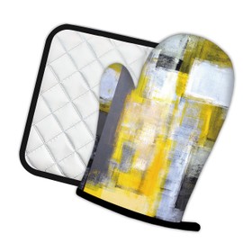 Grey and Yellow Abstract Art Painting Oven Mitts and Pot Holders Kitchen Cooking Gloves 2 Pcs Set Heat Resistant Pad for Baking BBQ Home Decor