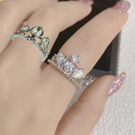 Dtexhif Princess Crown Ring for Women CZ Inlaid Open Ring Heart Shaped Promise Ring Rapunzel Crown Ring Adjustable Jewelry Gift (Silver)