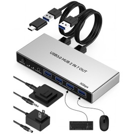 USB 3.0 Switch for 2 Computers, Sharing 4 USB-A & 3 USB-C Devices - 7 Port USB Switcher Selector to Share Keyboard, Mouse, USB Flash Drive, Printer, Scanner, with 2 USB 3.0 Cables and Controller