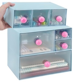 IBEQUEM Desk Storage Organizer with 8 Drawers, Plastic 3 Tier Stackable Desktop Craft Drawers Storage, Clear Storage Box Caddy for Makeup Jewelry School Office Supplies Home